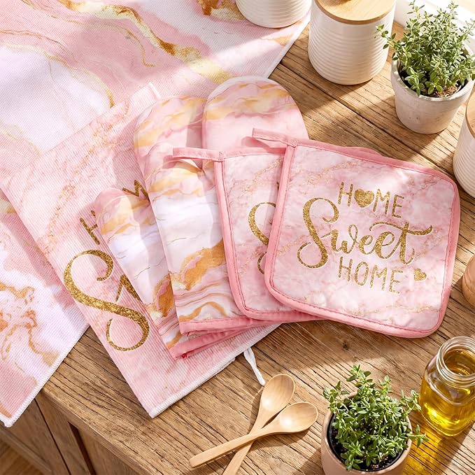 Bencailor Light Pink 6 Pcs Marble Kitchen Decor Gold Pot Holders Oven Mitts 2 Dish Towels 2 Farmhouse Cooking Mittens Oven Glove and Potholder for Baking Cooking Grilling Supply Accessories