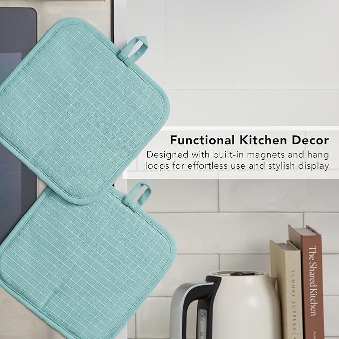 KITCHENAID Gourmet Series Gridlines Pot Holders 2-Pack Set, Heat Resistant up to 600°F, Soft Silicone Grip, Magnetic Cuff, Mineral Water Aqua, 8"x8" - Image 6