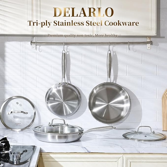 DELARLO Tri-ply Stainless Steel Frying Pan Set with Lid 8" 12" Induction large Skillets Chef's Pan,Pots and Pans Set Kitchen Cookware Set Suitable for All Stove - Image 6
