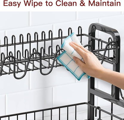 2 Tier Black Dish Drainer Drying Rack for Kitchen Counter, Large Stainless Steel Dishes Dryer with Drainboard, Space Saving, Big Rustproof Metal Modern Countertop Plates Strainer with Utensil Holder - Image 8