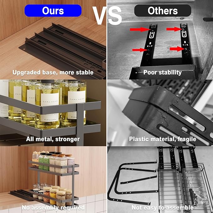 Mustorn 2 Pack Pull Out Spice Rack Organizer for Cabinet, 2 Tier Metal Slide Out Seasoning Organizer and Storage Heavy Duty Vertical Spice Rack Shelf Pullout for Kitchen Cabinets No Drilling (Black) - Image 5