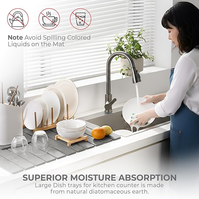 Large Stone Dish Drying Mat for Kitchen Counter, Quick Dry Stone Dishes Mats, Stones Drying Mat for Kitchen Counter, Water Absorbing Diatomaceous Drying Mat (Light Gray 24"×16" & 8"x4")
