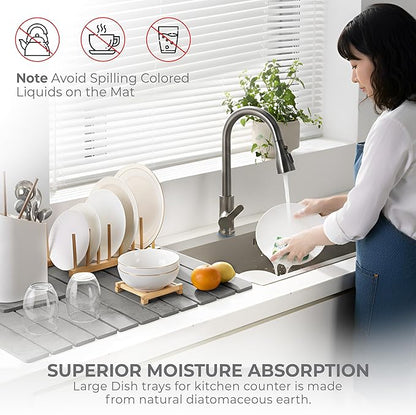 Large Stone Dish Drying Mat for Kitchen Counter, Quick Dry Stone Dishes Mats, Stones Drying Mat for Kitchen Counter, Water Absorbing Diatomaceous Drying Mat (Light Gray 24"×16" & 8"x4")