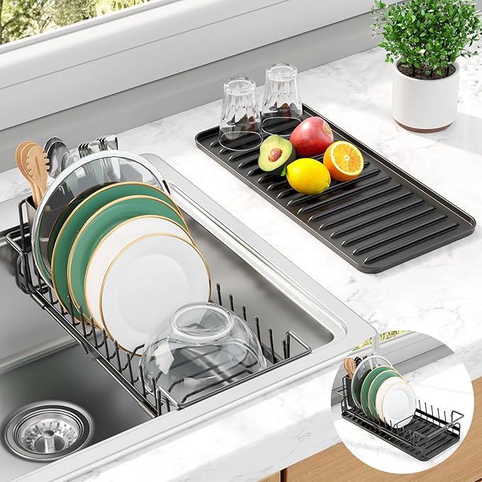 Kitsure Dish Drying Rack - Expandable Dish Rack for Kitchen Counter, Over Sink Or in Sink, Space-Saving Plates Dryer with Cutlery Holder & Drip Tray, 14.0"-20.9" L x 6.3" W x 8.0" H, Black by Kitsure