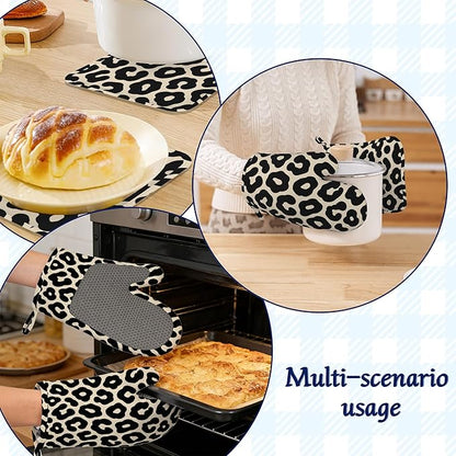 Black Leopard Print Pot Holders and Oven Mitts Set Silicone Cheetah Prints Kitchen Gloves Potholders Heat Resistant Washable,Chef Cooking Baking Gifts for Women Men Bakers Lover Cooks