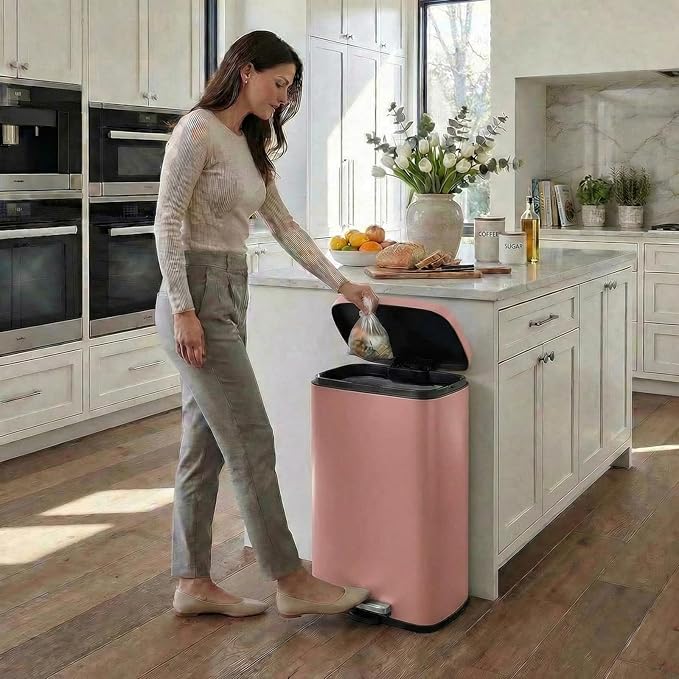 8 Gal Kitchen Trash Can, 30L Recycling or Garbage Bin, Brushed Stainless Steel Waste Basket, Soft&Quiet Close Dustbin, with Step-On Pedal, Removable Inner Bucket, for Home, Office, Living Room