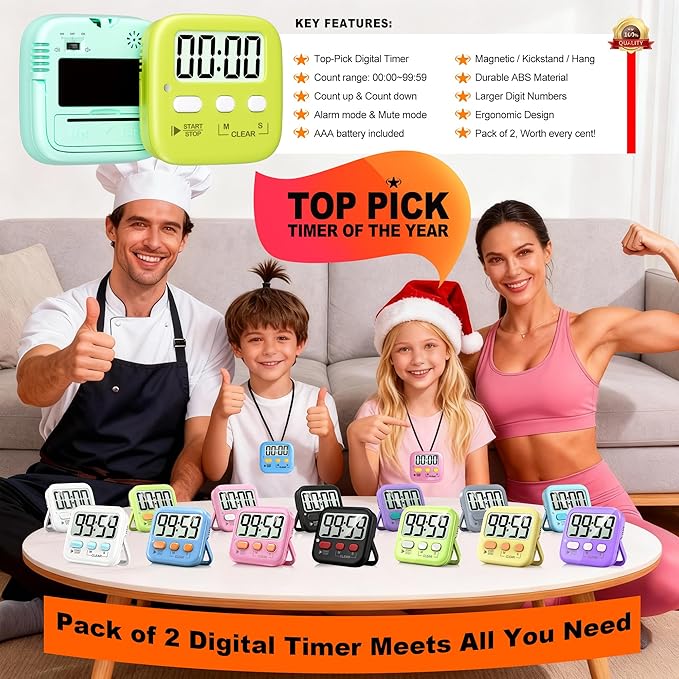 Antonki 2 Pack Digital Timer for Kids, Magnetic Countdown Kitchen Timers for Cooking, Egg, Classroom, Teacher, Exercise, Study, Oven - Battery Included - Image 8