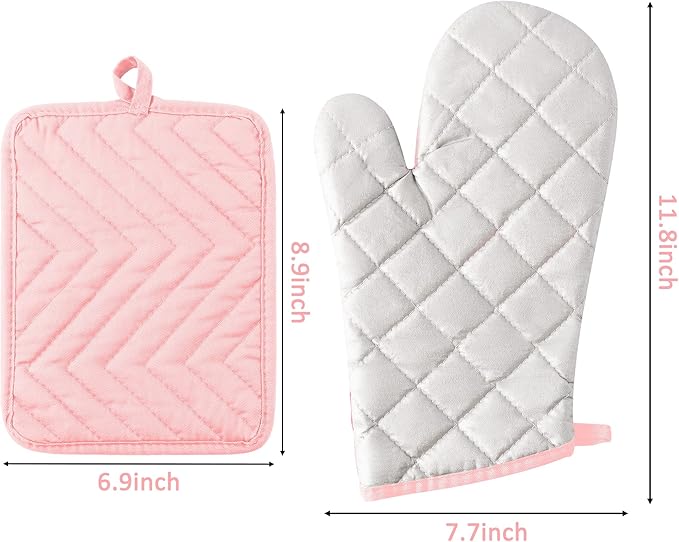 GROBRO7 6Pcs Cotton Oven Mitts and Pot Holders Set Heat Resistant Hot Pads Durable Pocket Pot Holder Machine Washable BBQ Gloves with Hanging Loop for Safe Kitchen Baking Cooking Grilling Pink - Image 2