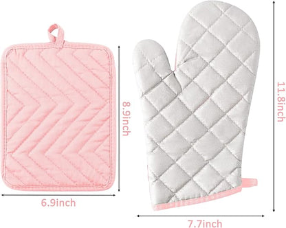 GROBRO7 6Pcs Cotton Oven Mitts and Pot Holders Set Heat Resistant Hot Pads Durable Pocket Pot Holder Machine Washable BBQ Gloves with Hanging Loop for Safe Kitchen Baking Cooking Grilling Pink - Image 2
