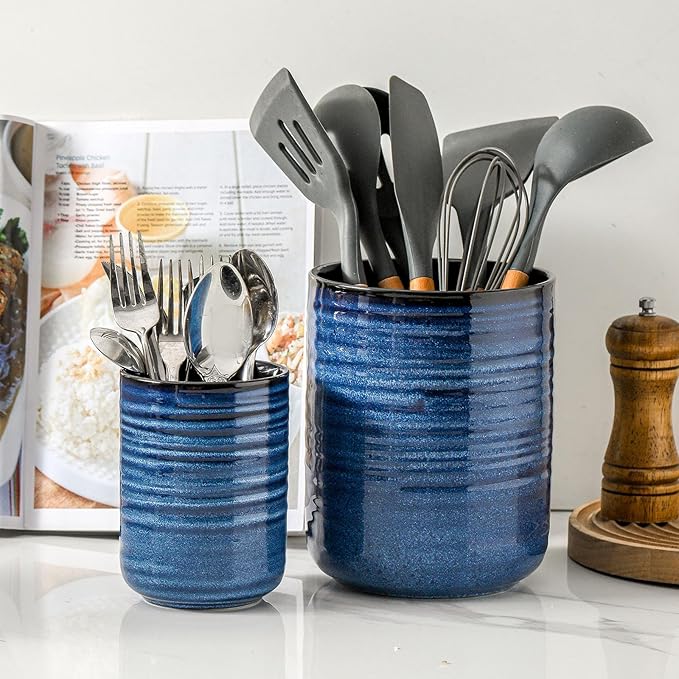 HASENSE Ceramic Utensil Holder Set of 2 (7.4"+5.5"), Modern Farmhouse Kitchen Utensil Crocks for Countertop, Blue Kitchen Tool Organizer for Spatulas, Whisks, Tongs & Cooking Tools