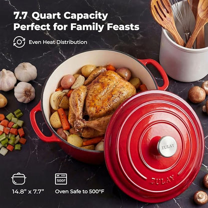Zulay Kitchen 7.7 Quart Enameled Cast Iron Dutch Oven Pot with Lid – Premium Durability & Oven Safe up to 500°F – Heavy Duty Cookware Perfect for Bread Baking, Stews, Braising & Roasting – Ablaze Red - Image 6