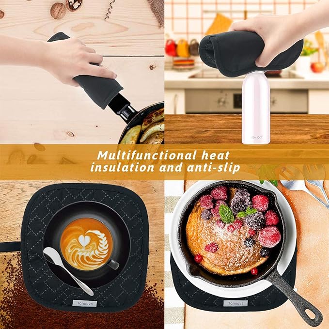 4Pcs Oven Mitts and Pot Holders Set, 572F Heat Resistant Oven Glove, Soft Cotton Lining with Non-Slip Surface for Kitchen Baking BBQ (Black) - Image 4