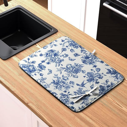Dish Drying Mat for Kitchen Counter Blue and White Floral Drying Mats Chinoiserie Vintage Flowers Dish Drying Pad for Dishes Microfiber Absorbent Dish Drainer Rack Mat for Countertop 16x18 Inch - Image 6
