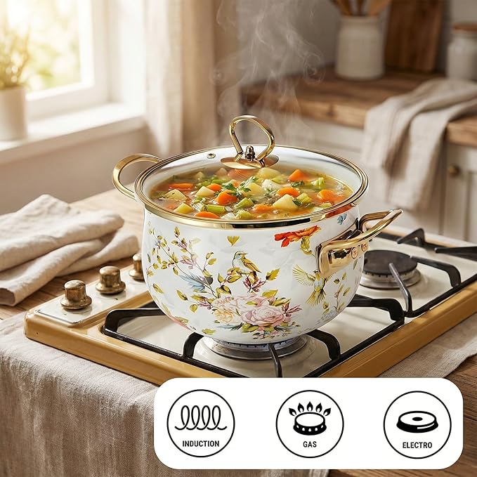 SOUJOY 2.8 Quart Enamel Stockpot with Glass Lid, Vintage Floral Soup Pot, Non-Stick Bean Stew Simmer Pot with Handle for Kitchen, Induction & Gas Stove Safe, Mother's Day, Wedding, Christmas Gift - Image 5