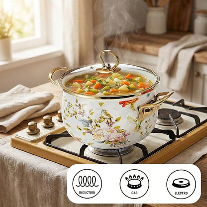 SOUJOY 2.8 Quart Enamel Stockpot with Glass Lid, Vintage Floral Soup Pot, Non-Stick Bean Stew Simmer Pot with Handle for Kitchen, Induction & Gas Stove Safe, Mother's Day, Wedding, Christmas Gift - Image 5