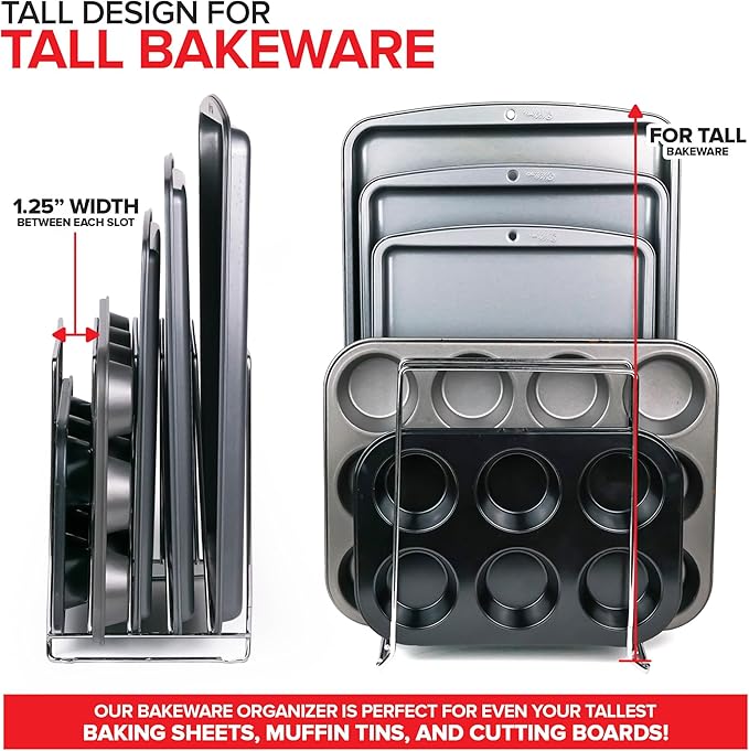 Stock Your Home Chrome (2 Pack) Extra Tall Steel Baking Pan Organizer Rack for Cabinet Storage or Kitchen Counter, Cookie Baking Sheet Organizer with Dividers, Muffin Tin and Cutting Board Holder - Image 5