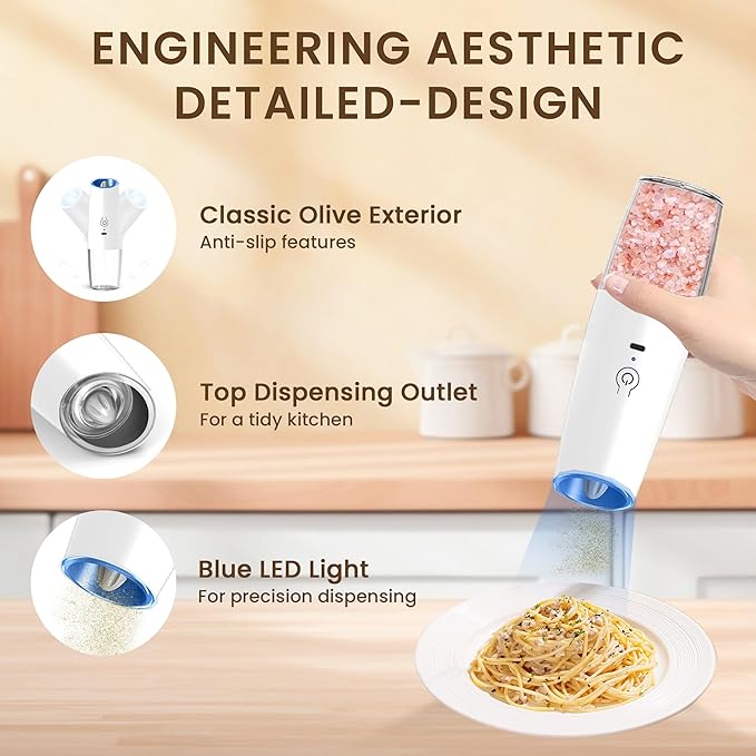 Rechargeable Electric Salt And Pepper Grinder Set, Automatic Gravity Electric Salt And Pepper Grinder Set, Adjustable Roughness, Led Light, 2 Pack, (Black+White) - Image 4