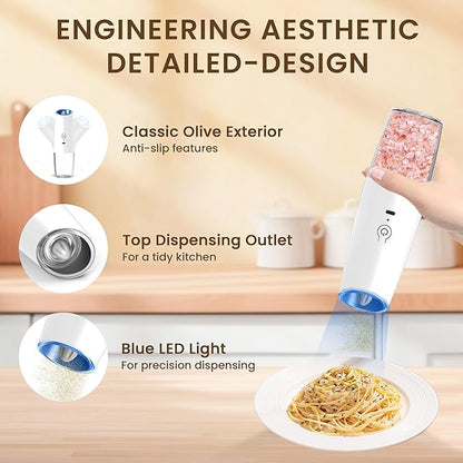 Rechargeable Electric Salt And Pepper Grinder Set, Automatic Gravity Electric Salt And Pepper Grinder Set, Adjustable Roughness, Led Light, 2 Pack, (Black+White) - Image 4
