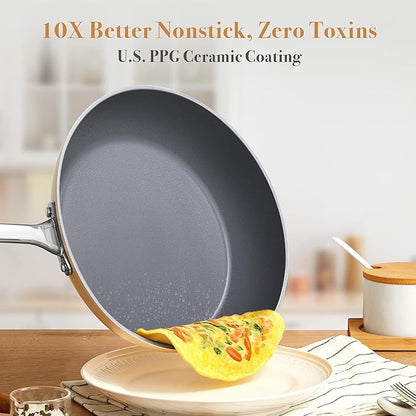 PekGema 16 Pcs Ceramic Cookware Sets, Pots and Pans Set Nonstick, Non Toxic Healthy Non stick Kitchen Cooking Set, PFAS PTFE PFOA FREE, Stay-Cool Handle,Dishwasher-Friendly,Oven-Safe