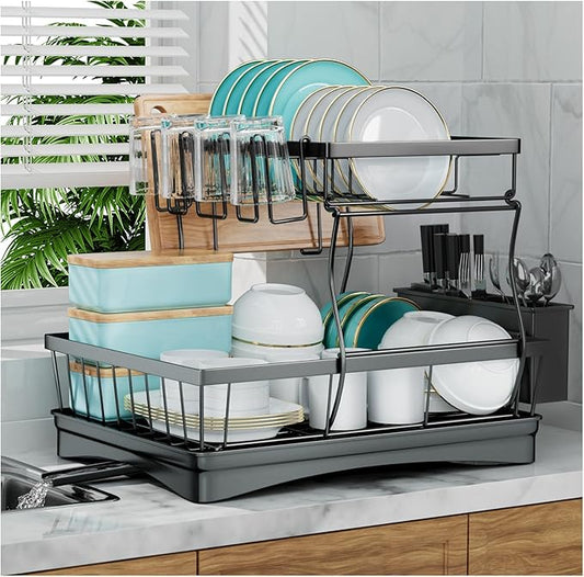 7 code Large Dish Drying Rack for Kitchen Counter, Detachable Large Capacity Dish Drainer Organizer, 2-Tier Dish Racks with Utensil Holder, Black by 7+code