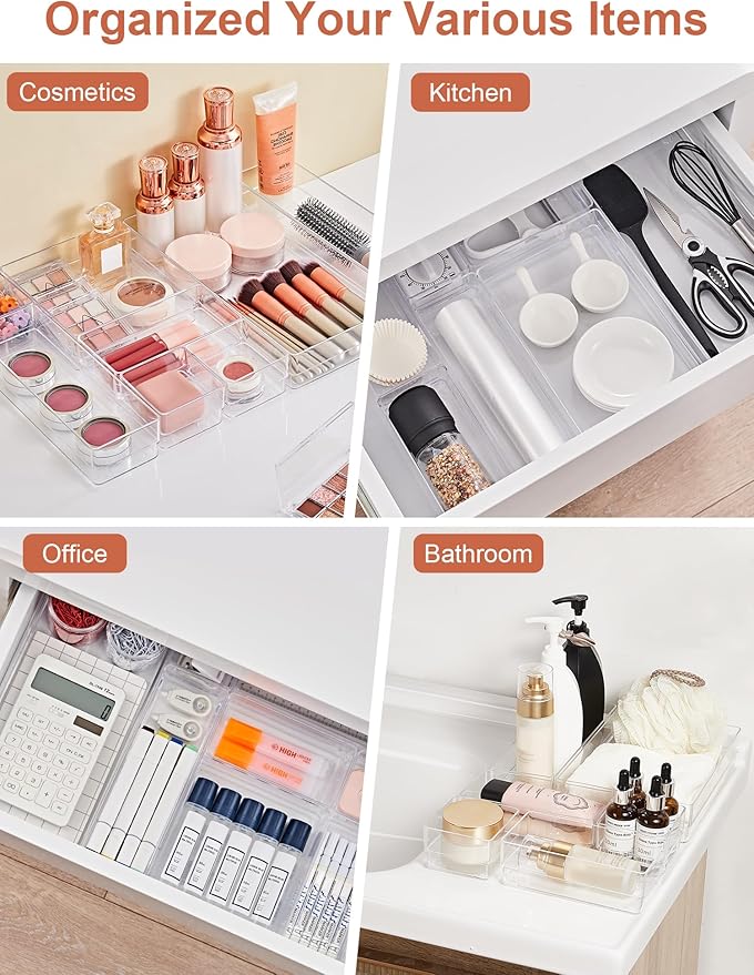 SMARTAKE 20-Piece Drawer Organizer with Non-Slip Silicone Pads, 7-Size Desk Drawer Organizer Trays Storage Tray for Makeup, Jewelries, Utensils in Bedroom Dresser, Office and Kitchen (Clear) - Image 6