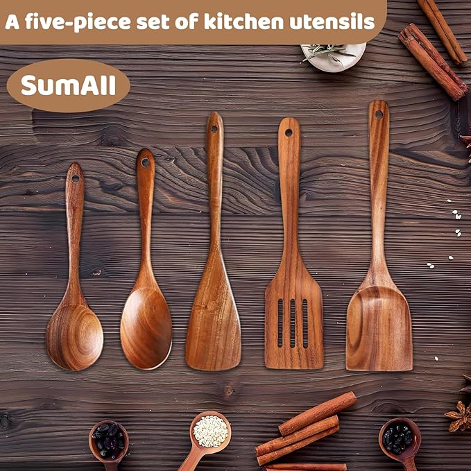 5 PCs Teak Wooden Utensil Set with Hooks, Wooden Spoons for Cooking, Wood Cooking Utensils Set, Comfort Grip, Non Stick Cookware, Easy to Clean, Kitchen Stuff, Wood Spatula - Image 2