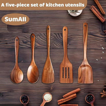 5 PCs Teak Wooden Utensil Set with Hooks, Wooden Spoons for Cooking, Wood Cooking Utensils Set, Comfort Grip, Non Stick Cookware, Easy to Clean, Kitchen Stuff, Wood Spatula - Image 2