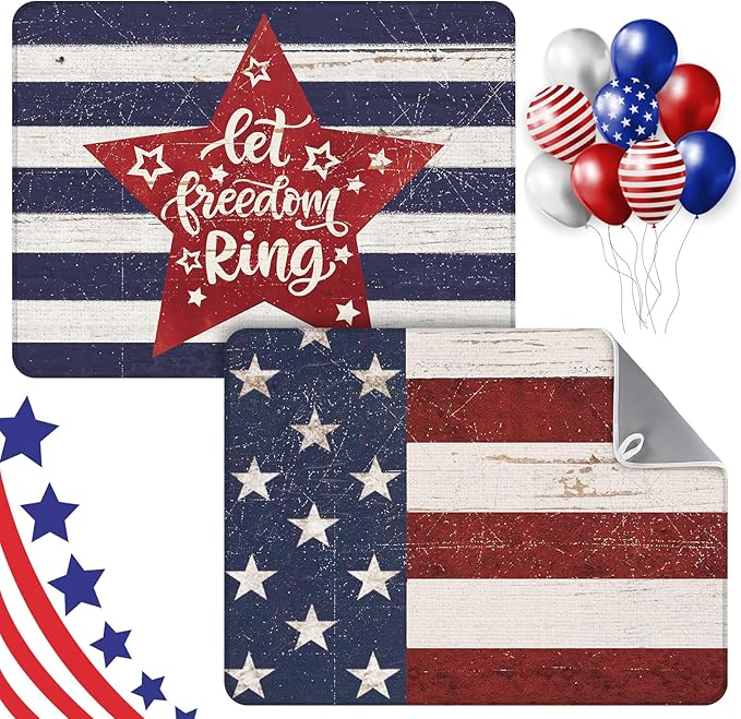 SiliFine 2 Pcs 4th of July Dish Drying Mat for Kitchen 18 x 24 Inch 250th Anniversary Patriotic Red White Blue Memorial Independence Day Star Microfiber American Flag Dish Drainer Mat for Countertop