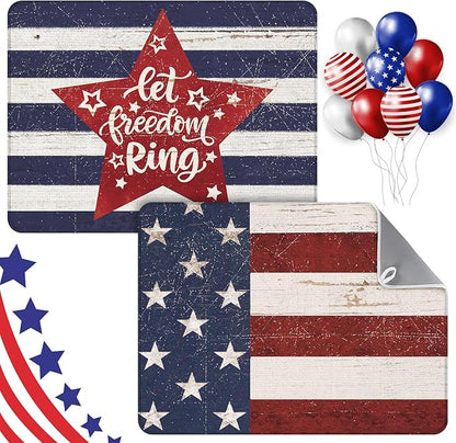 SiliFine 2 Pcs 4th of July Dish Drying Mat for Kitchen 18 x 24 Inch 250th Anniversary Patriotic Red White Blue Memorial Independence Day Star Microfiber American Flag Dish Drainer Mat for Countertop