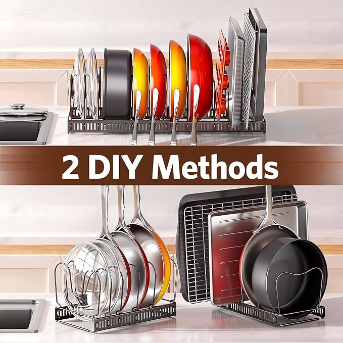ORDORA Pots and Pans Organizer under Cabinet with Pan Holder: Expandable 11.8"-22.8" Kitchen Cabinet Organizer Rack, 12 Adjustable Dividers Storage for Cookie Sheets, Cutting Boards & Lid, Bronze - Image 5