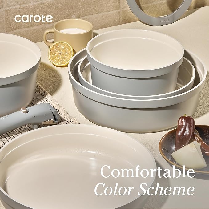 Carote 20pcs Ceramic Cookware Set with Detachable Handles, Pots and Pans Set Non Stick, RV Kitchen Cooking Pot and Pan, Dishwasher Safe, Non-toxic Induction Cookware PFAS and PFOA Free, Grey - Image 6