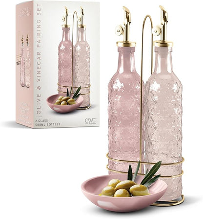 COOK WITH COLOR Glass Olive Oil Bottle Dispenser - 2 Pack- 17oz Oil and Vinegar Cruet - Olive Oil Carafe Decanter for Kitchen, Floral, Pink by CookwithColor