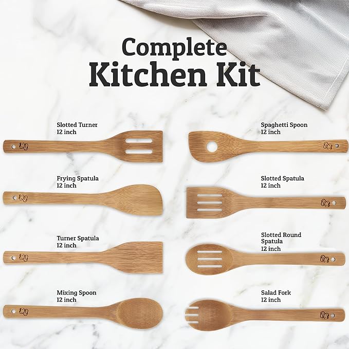 PriorityChef Wooden Spoons for Cooking, 8Pc Non Scratch Bamboo Cooking Utensils, Non-Toxic Wooden Utensil Set, Easy to Clean Kitchen Utensils Set for Everyday Use on All Cookware Types - Image 3