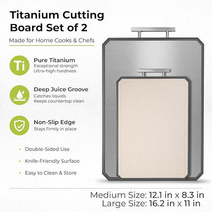 Freshware Titanium Cutting Board for Kitchen, Set of 2, Double Sided Cutting Boards, Pure Titanium/PP, Chopping Board with Juice Grooves, Dishwasher Safe, Medium 12.1" by 8.3" and Large 16.2" by 11"