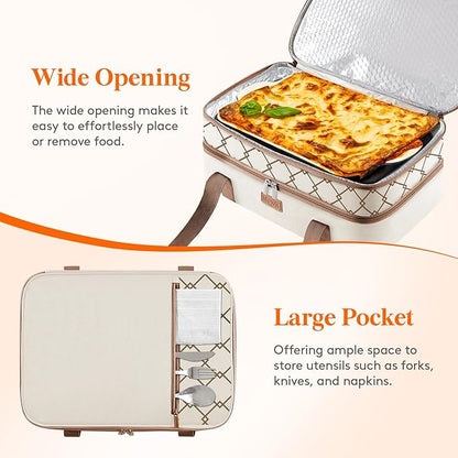 Lifewit Insulated Double Decker Casserole Carrier, Lasagna Lugger Holder for Hot or Cold Food, Fits 9" x 13" Baking Dish, Thermal Lunch Tote Bag for Potluck Parties, Picnic and Cookouts, Cream