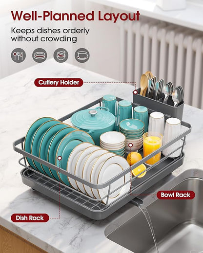 Sakugi Stainless Steel Dish Drying Rack for Kitchen Counter, Sink Organization and Storage Essentials with Silverware & Utensil Holder, Home and Apartment Decor, 12''W x 15.6''L, Gray - Image 2