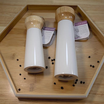 White Salt Grinder Wooden Pepper 8"+6" Salt Grinder Set Pepper Mill Salt & Pepper Shakers - Stainless Ceramic Refillable Stylish for Sea Salt Black Pepper -By Tessïe & Jessïe Lighthouse