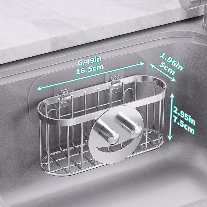 HapiRm Sink Caddy Sponge Holder - 2 Installation Ways Kitchen Sink Organizer with Smiley Face Sponge Holder, Stainless Steel Kitchen Caddy - Silver - Image 5