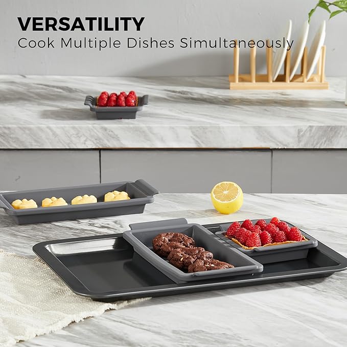 HONGBAKE Bakeware Sets, Baking Pans Set with Reusable Silicone Sheet Trays Dividers, Nonstick Oven Pan with Wider Grips, 14-Piece Including Rack, Cookie Sheet, Cake, Loaf, Muffin, Pizza Pan - Image 7