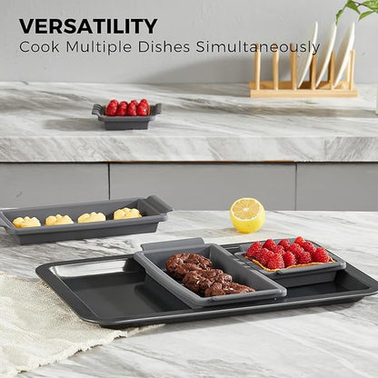 HONGBAKE Bakeware Sets, Baking Pans Set with Reusable Silicone Sheet Trays Dividers, Nonstick Oven Pan with Wider Grips, 14-Piece Including Rack, Cookie Sheet, Cake, Loaf, Muffin, Pizza Pan - Image 7