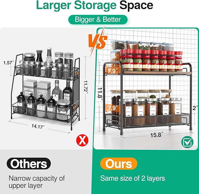 2 Pack Spice Rack Organizer for Countertop with Wood Top, 2-Tier Foldable Metal Rust-Proof Standing Large Seasoning Storage Shelf with Guardrail & Mesh Design for Kitchen Living Room, Black - Image 3