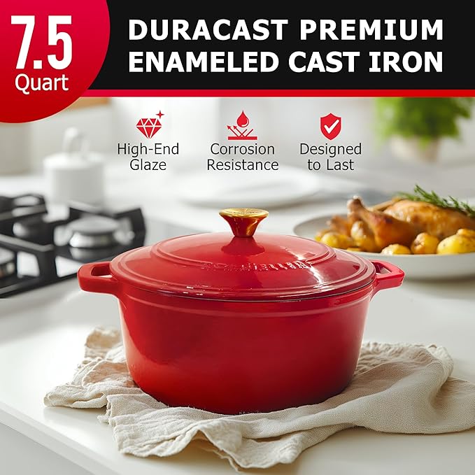MUELLER HOME 7.5 QT Enameled Cast Iron Dutch Oven, Heavy-Duty Casserole Dish and Braiser Pan with Lid and Stainless Knob, Oven-Safe up to 500° F & Across All Cooktops, Red - Image 2