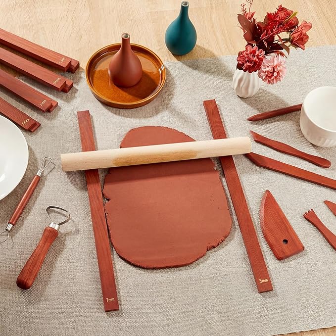 Sasylvia 10 Pcs Pottery Rolling Pin Guides Wood Teaching Rolling Mud Stick Guide Set Polymer Clay Depth Guide Pottery Tools Clay Mudboard Tools (5 Size,Reddish Brown) - Image 7