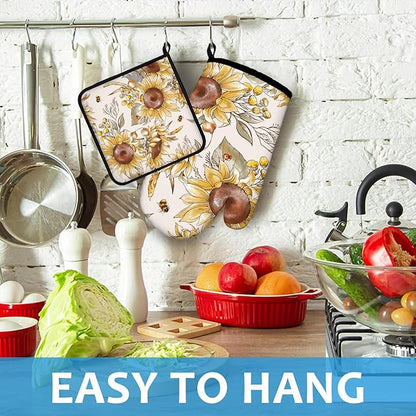 Watercolor Sunflower Oven Mitts and Pot Holders Sets Heat Resistant 4Pcs Potholders Oven Gloves Hot Pads for Kitchen Baking Cooking Grilling BBQ