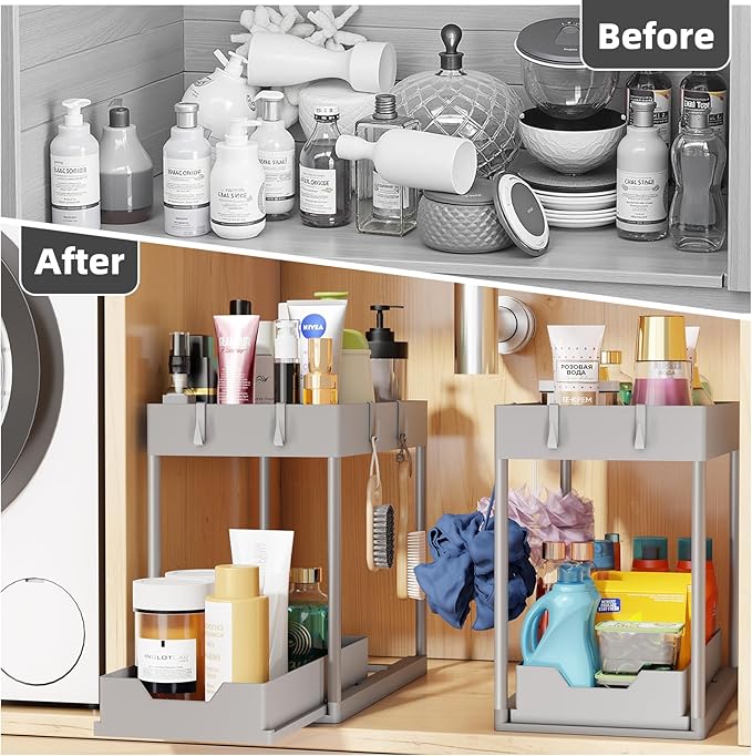 Simple Trending Under Sink Organizer 2 Pack, Sink Pull-Out Sliding Storage Cabinet, 2-Tier Under Shelf Organizer for Kitchen Bathroom, Grey - Image 3