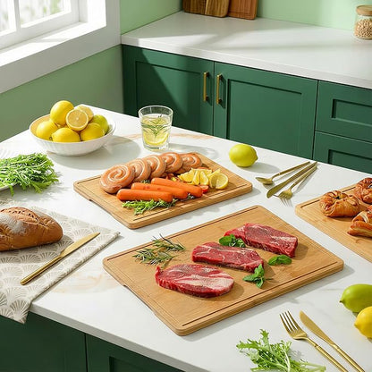 Zarler Bamboo Cutting Boards for Kitchen, 4 Piece Durable Wood Cutting Board with Juice Grooves and Handles, Wooden Chopping Board Set for Meal Prep, XL Size, Ideal Kitchen Gift - Image 7