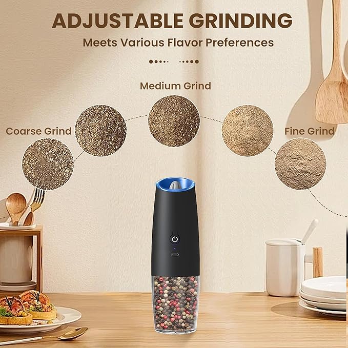 Rechargeable Electric Salt And Pepper Grinder Set, Automatic Gravity Electric Salt And Pepper Grinder Set, Adjustable Roughness, Led Light, 1 Pack, (Black) - Image 3