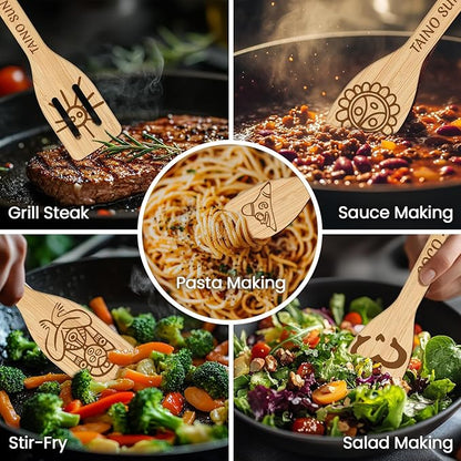 CUTHOLLOW 6PCS Taino Element Wooden Kitchen Cooking Utensil Set, 11.9in Non Toxic Bamboo Wood Spoon Set for Cooking, Best Housewarming Birthday Thanksgiving Christmas Gift for Women Mother