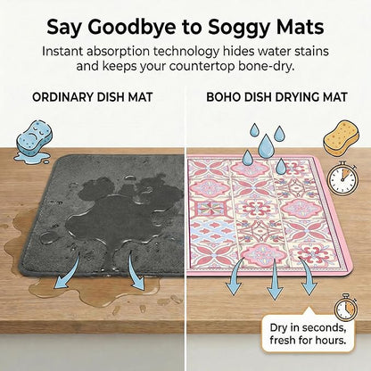 Boho Dish Drying Mat for Kitchen Counter - Super Absorbent Faux Leather Kitchen Mat, Quick Dry & Non-Slip Countertop Protector, Aesthetic Bohemian Decor for Coffee Bar (16"x21", Pink)