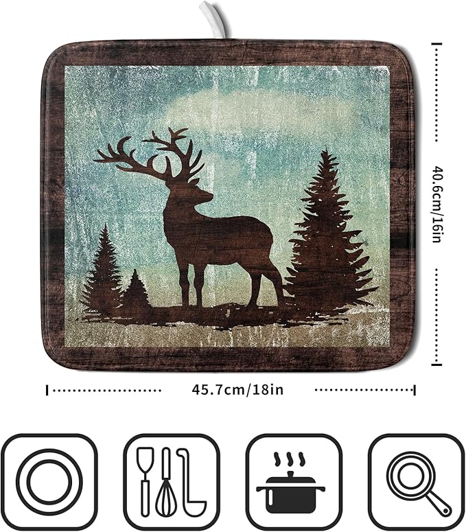 Giwawa Retro Deer Forest Cabin Silhouette Dish Drying Mat Countertop 16x18 Fall Blue Sky Cloud Cartoon Elk Wild Animal Bushes Drainer Mat Pine Tree Grass Dishes Pad Rustic Dish Drainer Rack